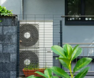 Alternative energy concept. Air heat pump placed in the garden of a residential house